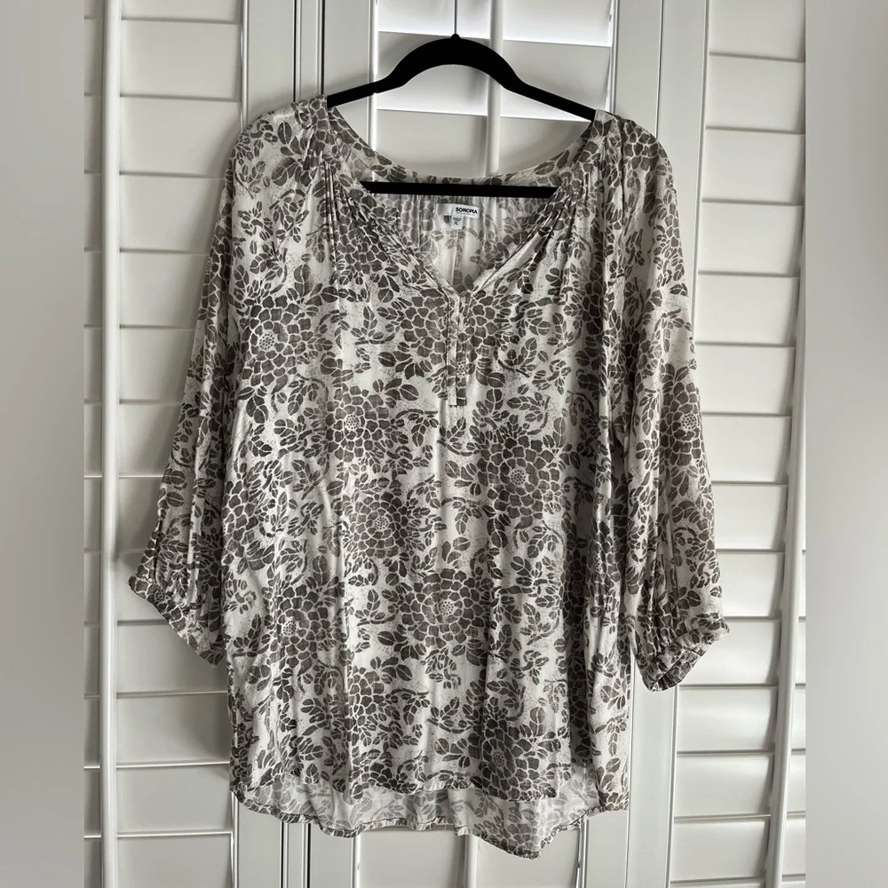 SONOMA Brown & Cream Floral Print V-Neck 3/4 Sleeve Blouse Size XL - Picture 1 of 5